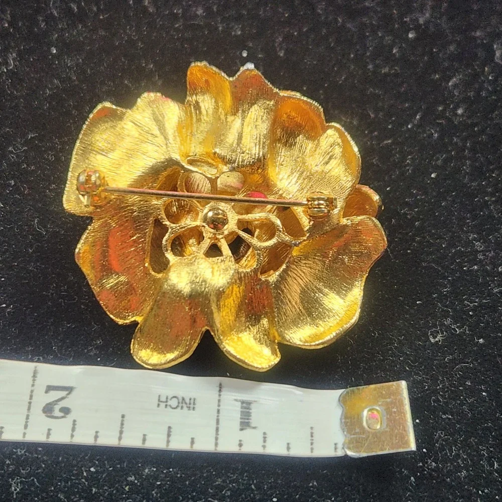 Vintage Gold Tone Textured Rose Brooch Rhinestone Floral Pin 1.75 Inch